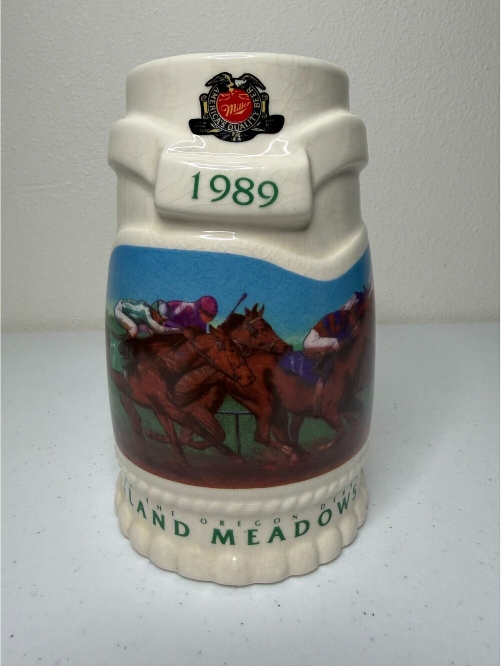 VTG 1989 Miller High Life Portland Meadows Oregon Derby 16oz Beer Stein